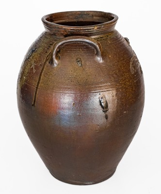 Outstanding Four-Gallon Chester Webster, Randolph Co, NC Stoneware Jar w/ Incised Bird and Dramatic Salt Glaze