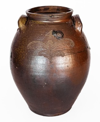 Outstanding Four-Gallon Chester Webster, Randolph Co, NC Stoneware Jar w/ Incised Bird and Dramatic Salt Glaze