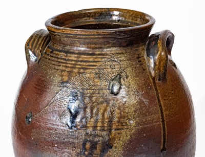 Outstanding Four-Gallon Chester Webster, Randolph Co, NC Stoneware Jar w/ Incised Bird and Dramatic Salt Glaze