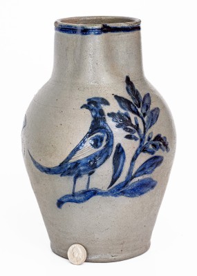Very Rare and Important Henry Remmey, Baltimore Stoneware Pitcher w/ Elaborate Incised Bird and Floral Designs