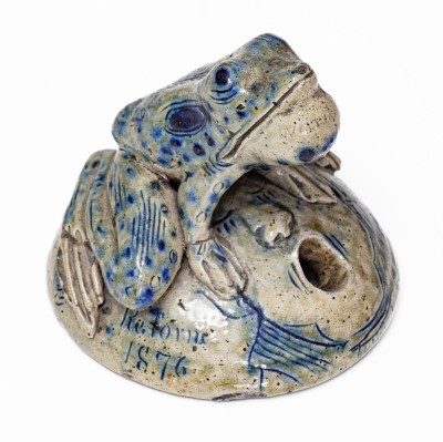 Exceptional Large Anna Pottery Frog-on-Face Inkwell w/ Political Messages, 1884