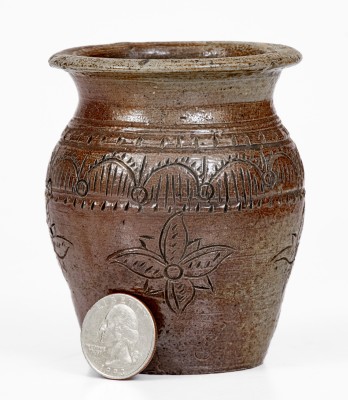 Very Rare Miniature Chester Webster, Randolph County, NC Stoneware Jar w/ Elaborate Incised Decoration