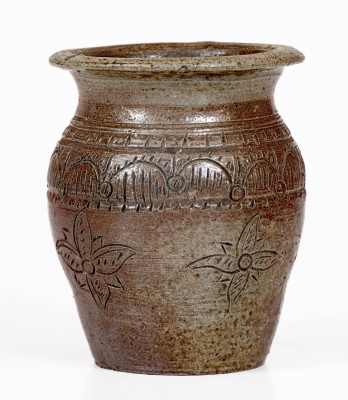 Very Rare Miniature Chester Webster, Randolph County, NC Stoneware Jar w/ Elaborate Incised Decoration