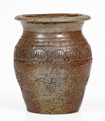Very Rare Miniature Chester Webster, Randolph County, NC Stoneware Jar w/ Elaborate Incised Decoration
