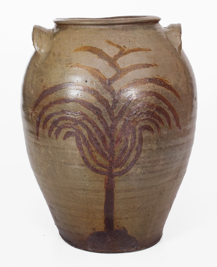 Extremely Rare Southern Stoneware Jar w/ Elaborate Iron-Slip Tree, probably Texas, possibly Guadalupe County