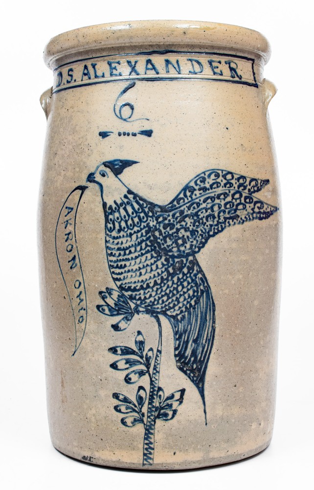 Exceptional 6 Gal. AKRON OHIO Stoneware Presentation Churn w/ Elaborate Game Bird Decoration