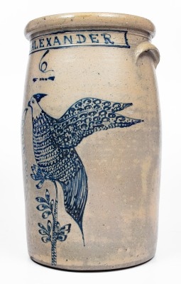 Exceptional 6 Gal. AKRON OHIO Stoneware Presentation Churn w/ Elaborate Game Bird Decoration