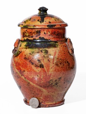 Exceptional New York State Redware Jar w/ Copper Decoration and Domed Lid
