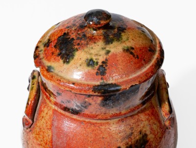 Exceptional New York State Redware Jar w/ Copper Decoration and Domed Lid