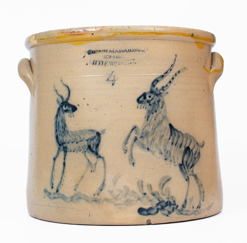 Exceptional 4 Gal. W. A. MACQUOID (New York City) Stoneware Crock w/ Elaborate Goats Decoration