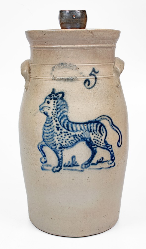 Outstanding J. BURGER JR. / ROCHESTER Stoneware Churn w/ Elaborate Cat Decoration