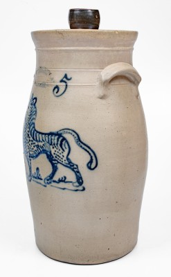 Outstanding J. BURGER JR. / ROCHESTER Stoneware Churn w/ Elaborate Cat Decoration