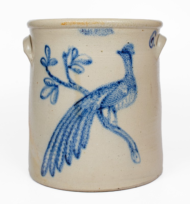 Extremely Rare 6 Gal. JOHN BURGER / ROCHESTER Stoneware Crock w/ Elaborate Pheasant Decoration
