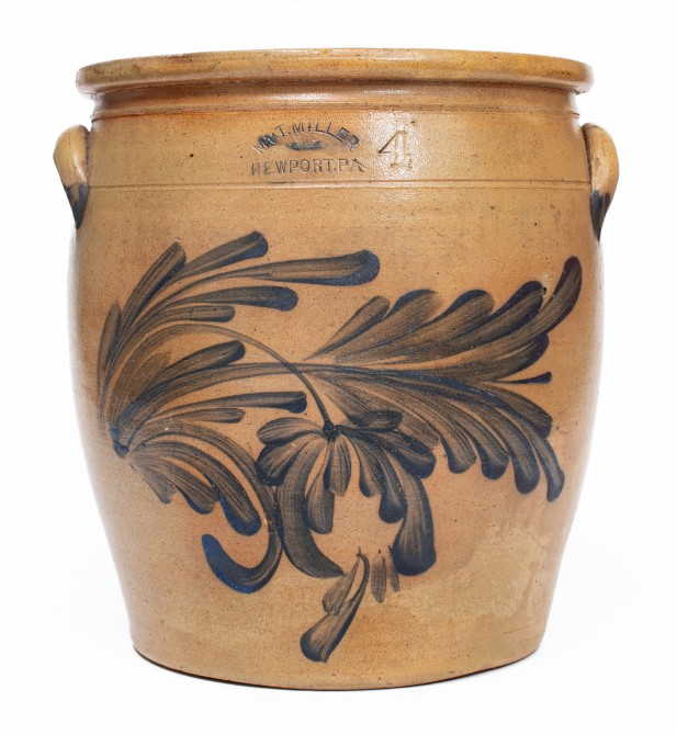 4 Gal. M. & T. MILLER / NEWPORT, PA Stoneware Jar w/ Elaborate Floral Decoration
