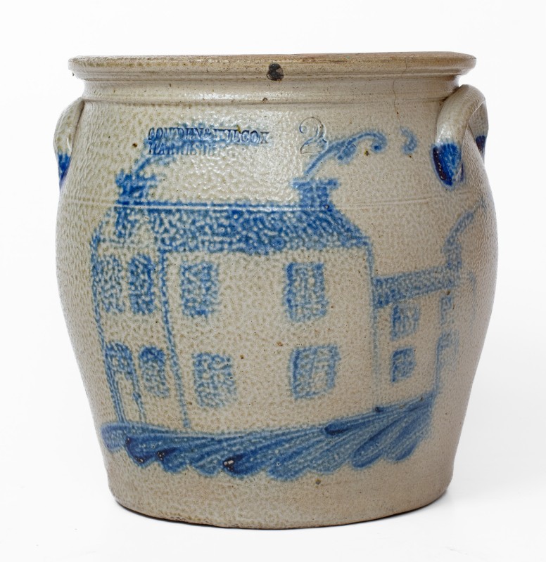 Exceedingly Rare COWDEN & WILCOX / HARRISBURG, PA Stoneware Jar w/ Elaborate House Decoration