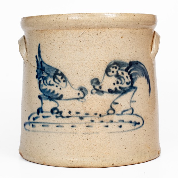 Scarce 4 Gal. Stoneware Crock w/ Pecking Chicken and Rooster, attrib. Brady & Ryan, Ellenville, NY