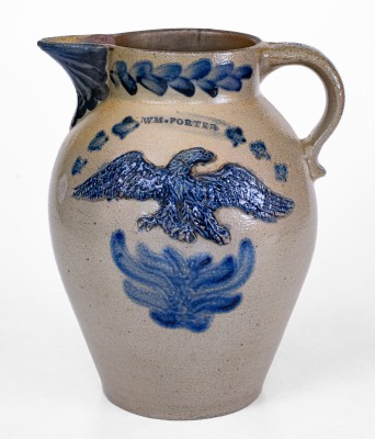 Exceedingly Rare and Important WM. PORTER, Pleasantville, PA Stoneware Pitcher w/ Federal Eagle Motifs
