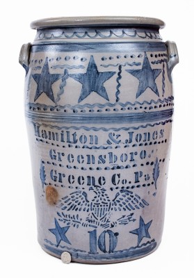 Outstanding Ten-Gallon Hamilton & Jones / Greensboro, PA Stoneware Jar w/ Elaborate Eagle and Star Motifs