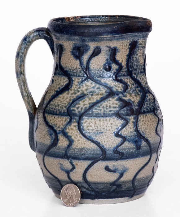 Outstanding North Carolina Stoneware Pitcher w/ Profuse Slip-Trailed Cobalt Decoration, 19th century