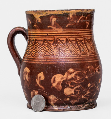 Extremely Rare Solomon H. Way, Eloa, Oregon Redware Mug w/ Fine Slip Decoration