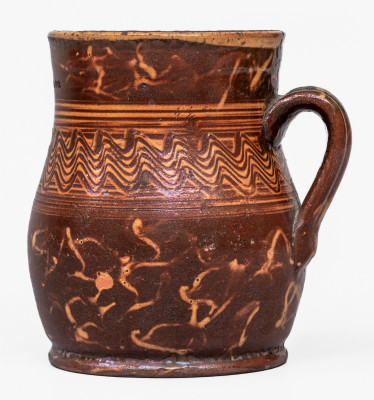 Extremely Rare Solomon H. Way, Eloa, Oregon Redware Mug w/ Fine Slip Decoration