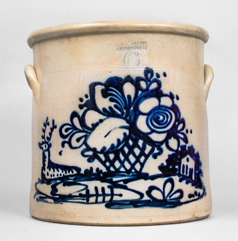 Outstanding 6 Gal. J. & E. NORTON / BENNINGTON, VT Stoneware Crock w/ Deer, House and Basket Scene