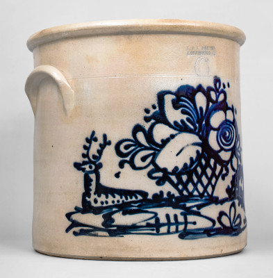 Outstanding 6 Gal. J. & E. NORTON / BENNINGTON, VT Stoneware Crock w/ Deer, House and Basket Scene