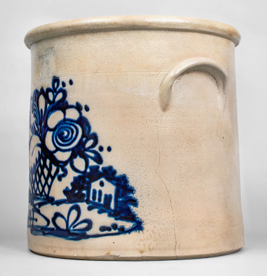 Outstanding 6 Gal. J. & E. NORTON / BENNINGTON, VT Stoneware Crock w/ Deer, House and Basket Scene