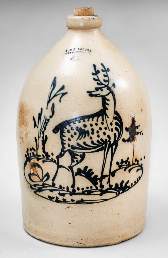 Rare and Fine 4 Gal. J. & E. NORTON / BENNINGTON, VT Deer-Decorated Stoneware Jug