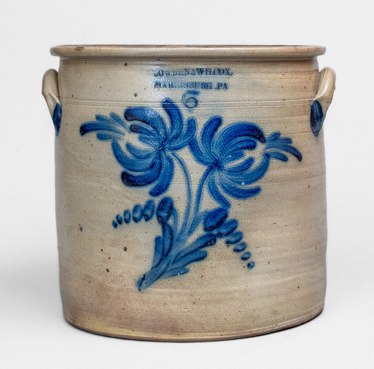 6 Gal. COWDEN & WILCOX / HARRISBURG, PA Stoneware Crock w/ Elaborate Floral Decoration