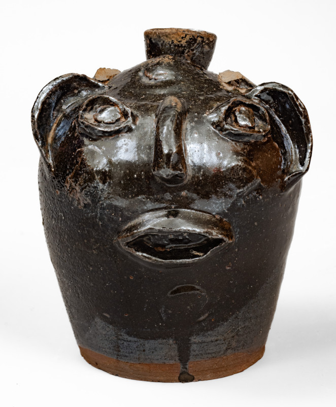 Rare Alkaline-Glazed Stoneware Face Harvest Jug, probably Upstate SC, late 19th / early 20th century