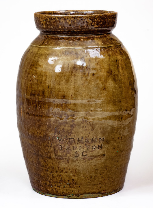 Scarce W.F. HAHN / TRENTON / SC Stoneware Handled Jar, late 19th century