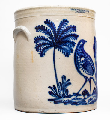 Exceptional 6 Gal. HARRINGTON & BURGER / ROCHESTER Stoneware Crock w/ Elaborate Game Bird Decoration
