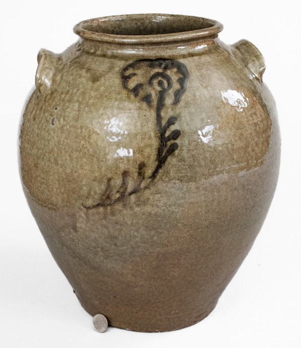 Alkaline-Glazed Stoneware Jar w/ Iron-Slip Floral Decoration, attrib. Thomas Chandler, Edgefield District, SC