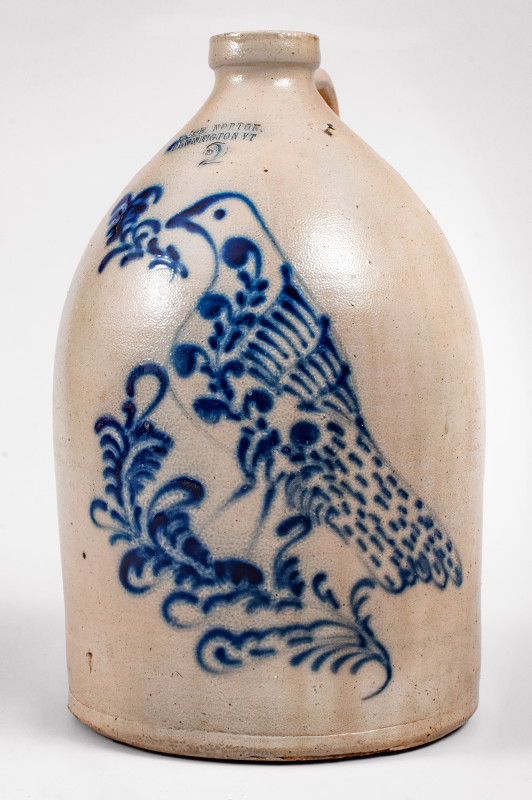Exceptional J. & E. NORTON / BENNINGTON, VT Stoneware Jug w/ Exuberant Slip-Trailed Bird Decoration