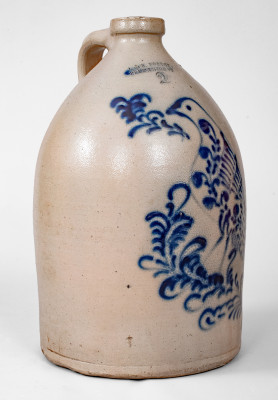 Exceptional J. & E. NORTON / BENNINGTON, VT Stoneware Jug w/ Exuberant Slip-Trailed Bird Decoration