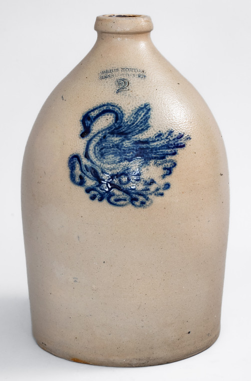 Extremely Rare JULIUS NORTON / BENNINGTON, VT Stoneware Jug w/ Cobalt Swan on Nest