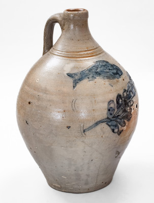 Outstanding att. Jonathan Fenton (Boston) Stoneware Jug w/ Impressed Fish and Incised Seaweed, late 18th century
