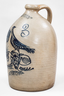 Outstanding W.H. FARRAR & CO. / GEDDES, N.Y. Stoneware Bird Jug, c1850