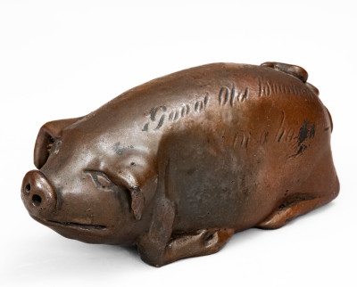 Very Rare Diminutive Anna Pottery Stoneware Pig Bottle, circa 1865