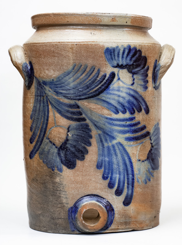 4 Gal. attrib. William Linton, Baltimore Stoneware Water Cooler w/ Profuse Floral Decoration, c1860