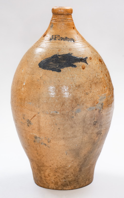 Extremely Rare J FENTON (Dorset, VT, c1805) Stoneware Jug w/ Impressed Fish Decoration