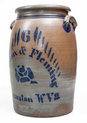 Fine 6 Gal. Wilkinson & Fleming / Shinnston, W. Va. Stoneware Jar w/ Stenciled Rose Decoration