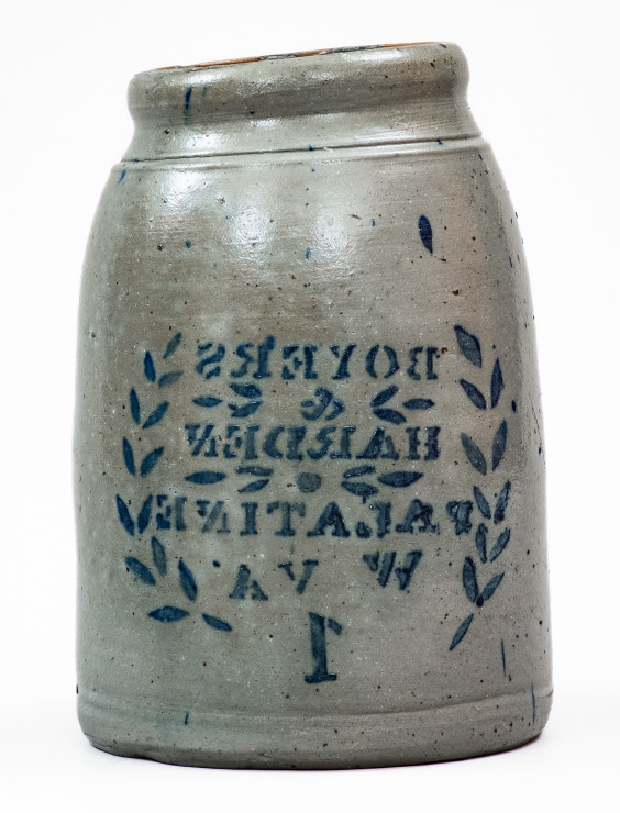 Extremely Rare BOYERS & HARDEN / PALATINE, W. VA Stoneware Jar w/ Reversed Stencil