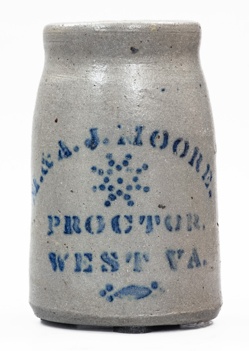 Rare and Fine Stoneware Canning Jar w/ PROCTOR, W. VA Advertising and Star Decoration