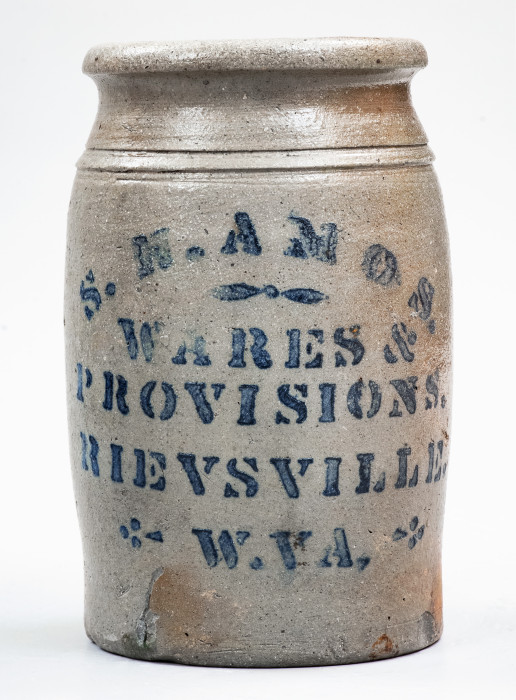 Exceptional RIEVSVILLE, W. VA Misspelled Stoneware Stenciled Advertising Jar
