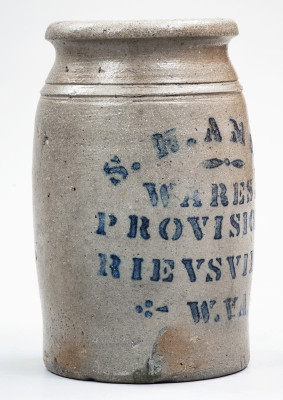 Exceptional RIEVSVILLE, W. VA Misspelled Stoneware Stenciled Advertising Jar
