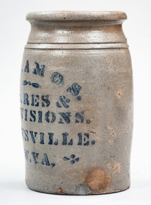 Exceptional RIEVSVILLE, W. VA Misspelled Stoneware Stenciled Advertising Jar