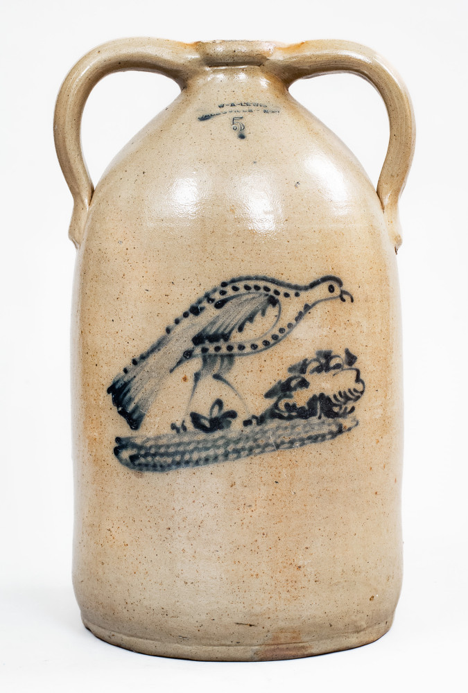 Exceptional W. A. LEWIS / GALESVILLE, NY Stoneware Double-Handled Jug w/ Elaborate Turkey Decoration