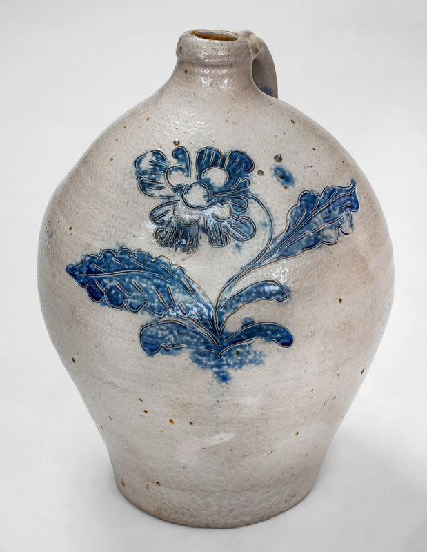 Fine Ovoid Stoneware Jug w/ Elaborate Incised Floral Decoration attrib. George Lent, Troy, NY, c1820